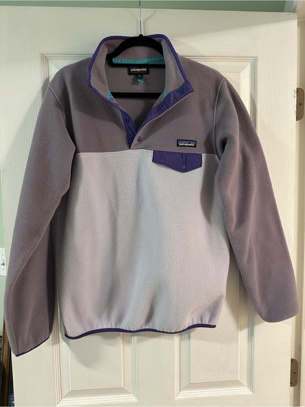 Patagonia Women’s Two-Tone Gray Purple Synchilla Fleece Pullover